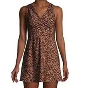 NWT Lands End Leopard Print Swim Dress Adjustable Straps Brown Black Womens 2
